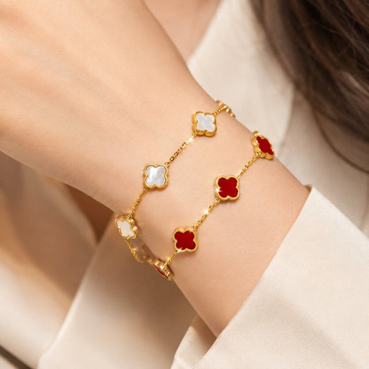 Dual-Layered Gold Plated Four-Leaf Clover Bracelet Combo Set (Red & White)