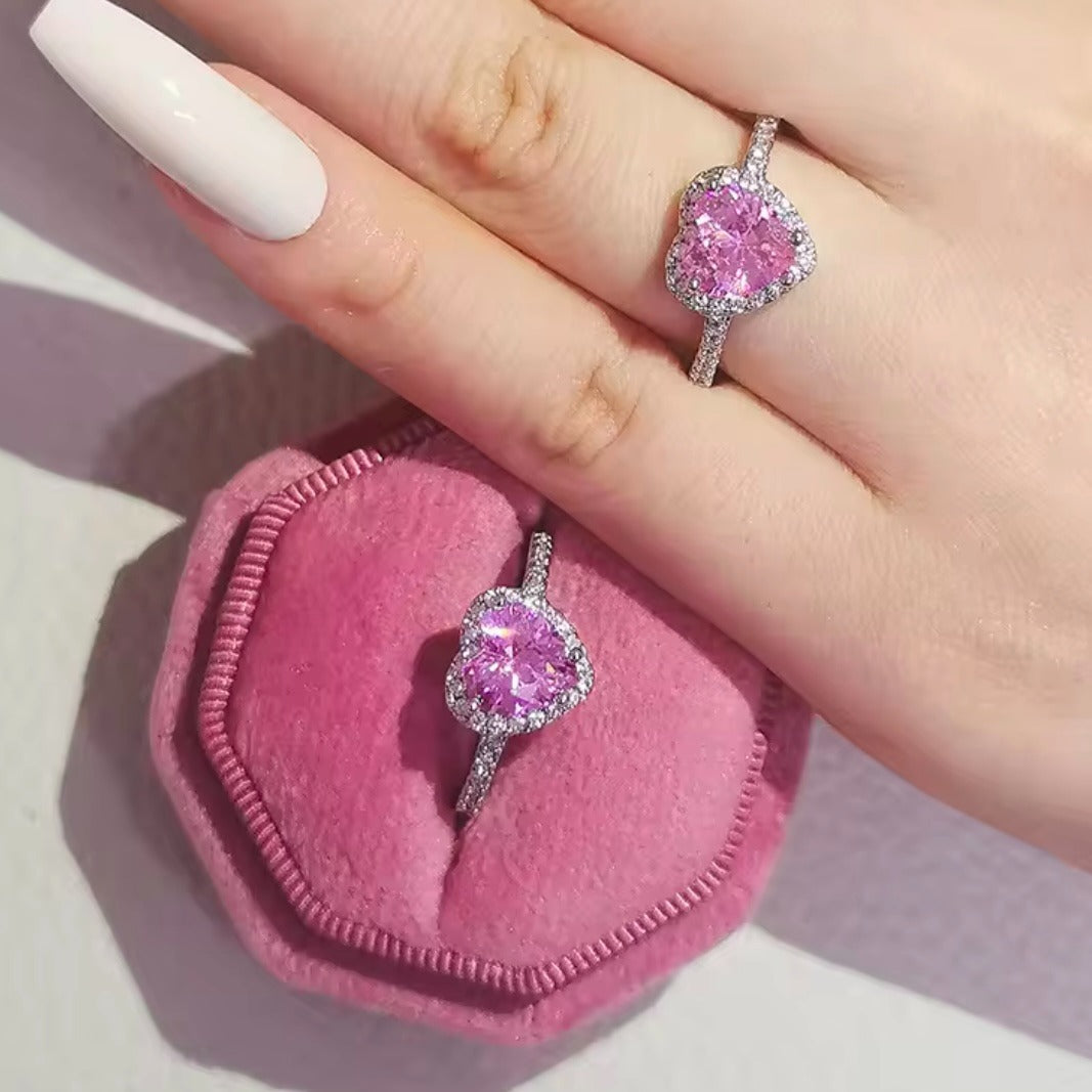 Silver Pink Heart Crystal Pendant Necklace and Ring Combo