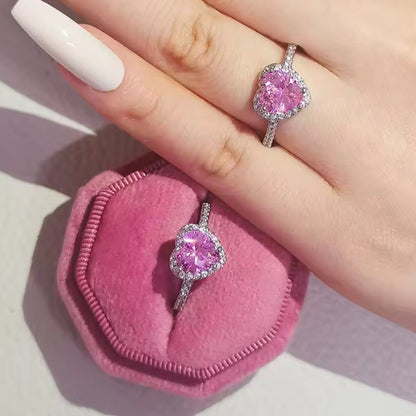 Silver Pink Heart Crystal Pendant Necklace and Ring Combo
