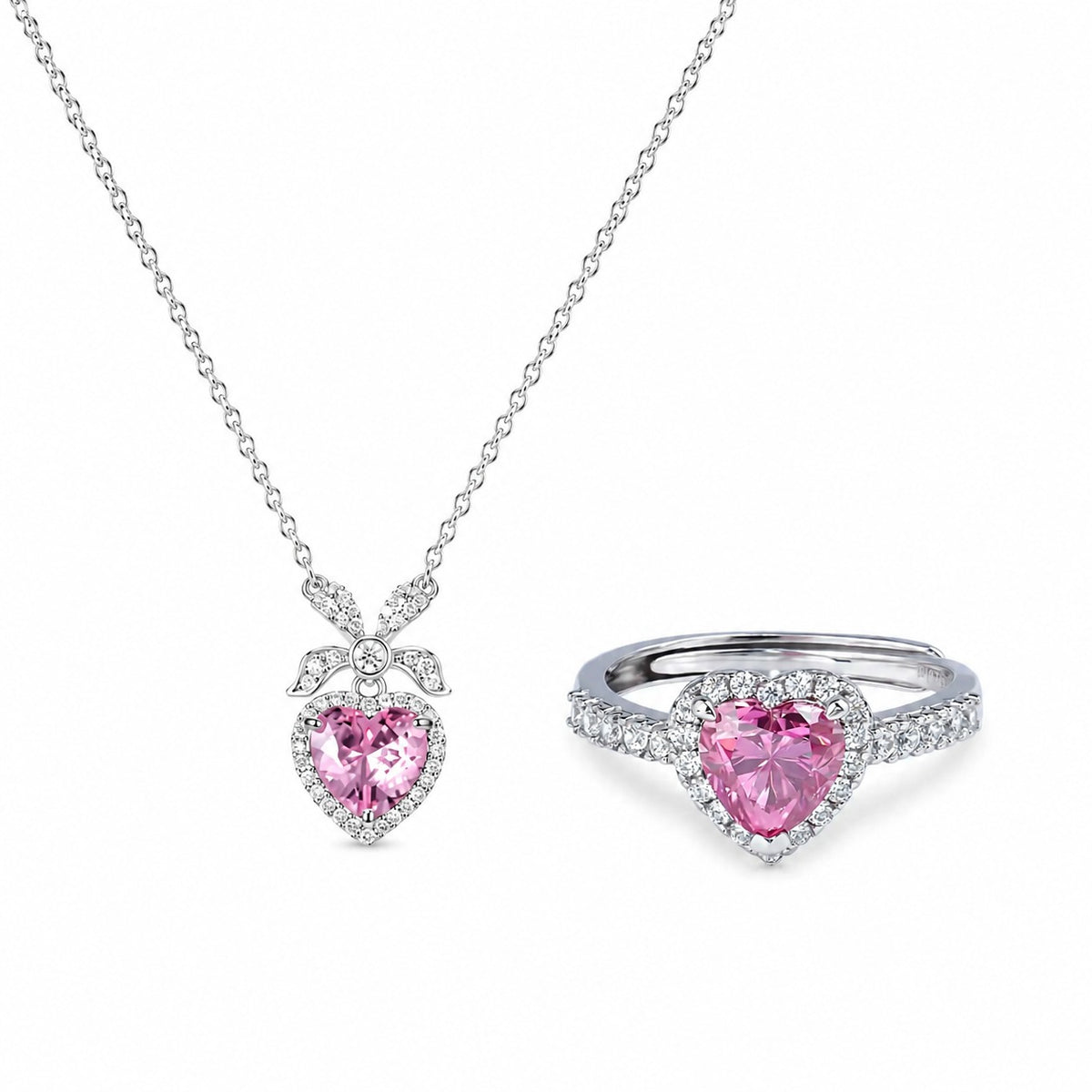 Silver Pink Heart Crystal Pendant Necklace and Ring Combo