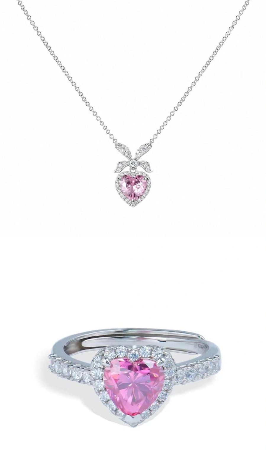 Silver Pink Heart Crystal Pendant Necklace and Ring Combo