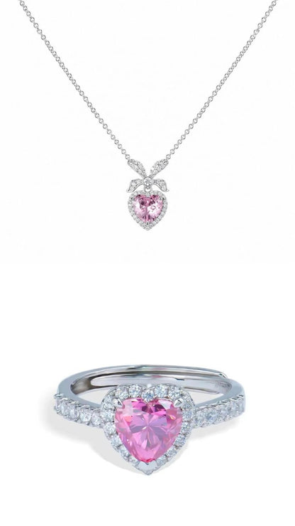Silver Pink Heart Crystal Pendant Necklace and Ring Combo