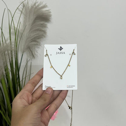 Gold Dangle Charm Choker Necklace with Baguette Zircon & Geometric Charms