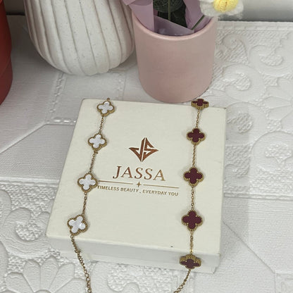 Dual-Layered Gold Plated Four-Leaf Clover Bracelet Combo Set (Red & White)