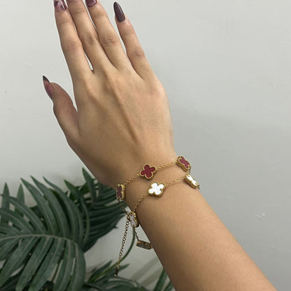 Dual-Layered Gold Plated Four-Leaf Clover Bracelet Combo Set (Red & White)