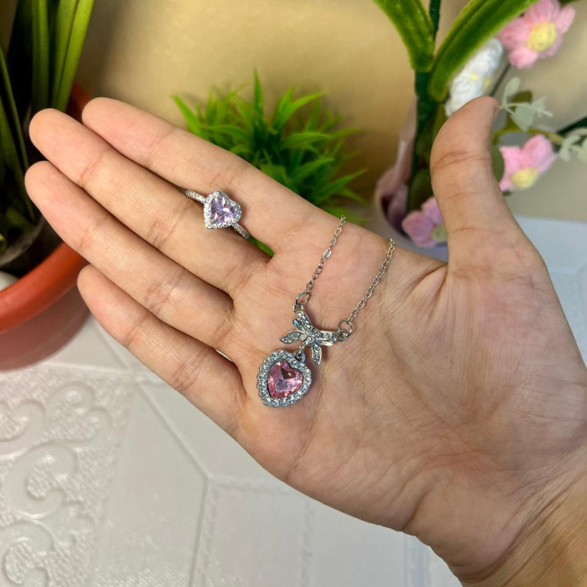 Silver Pink Heart Crystal Pendant Necklace and Ring Combo