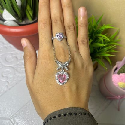Silver Pink Heart Crystal Pendant Necklace and Ring Combo