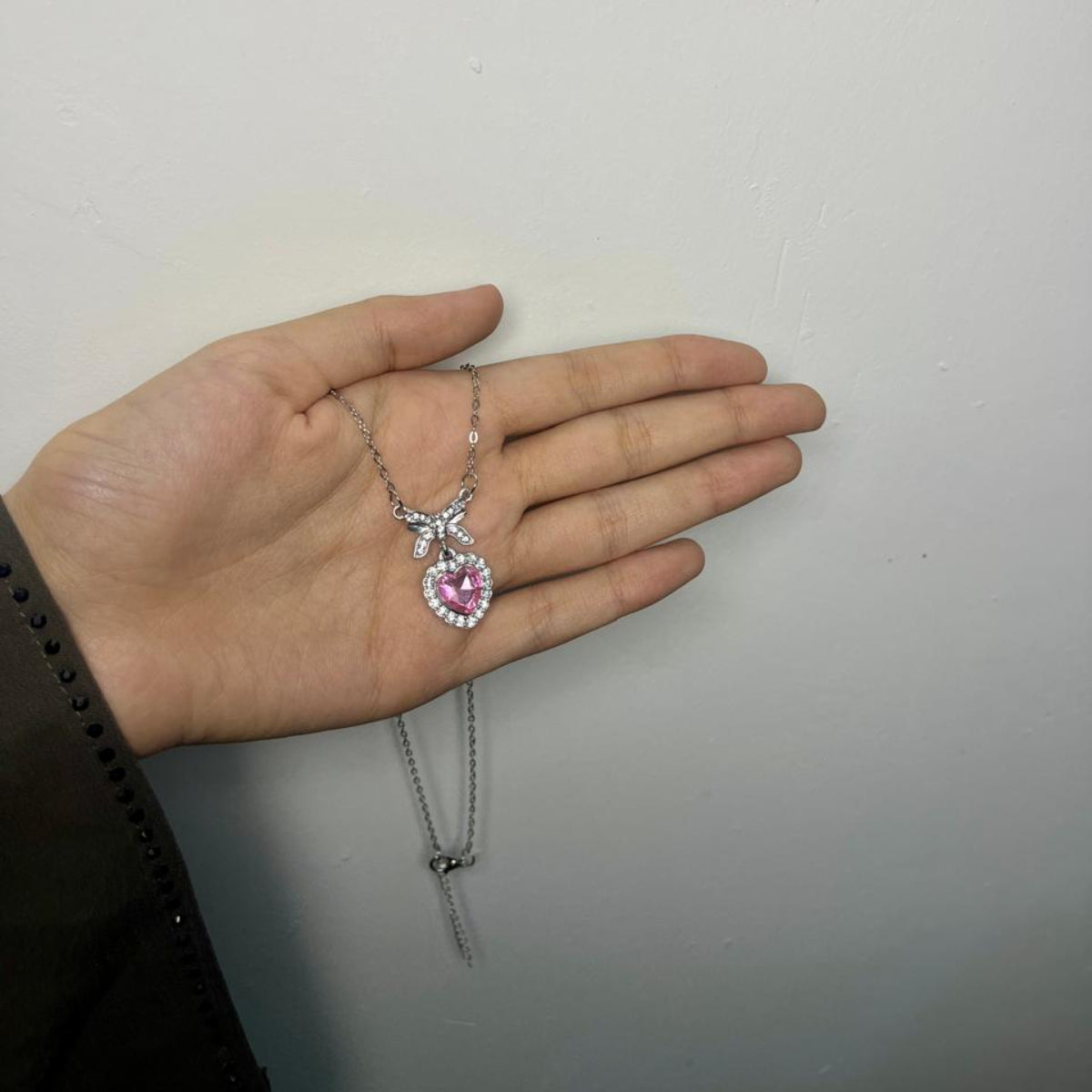 Silver Pink Heart Crystal Pendant Necklace and Ring Combo