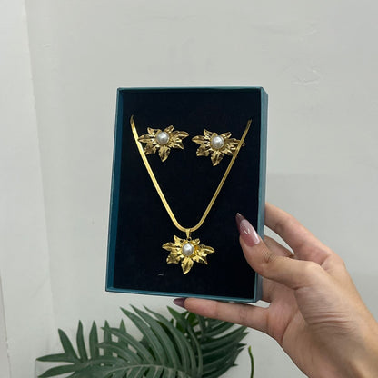 Anti-Tarnish Gold Plated Leaf Pearl Pendant & Earrings Combo