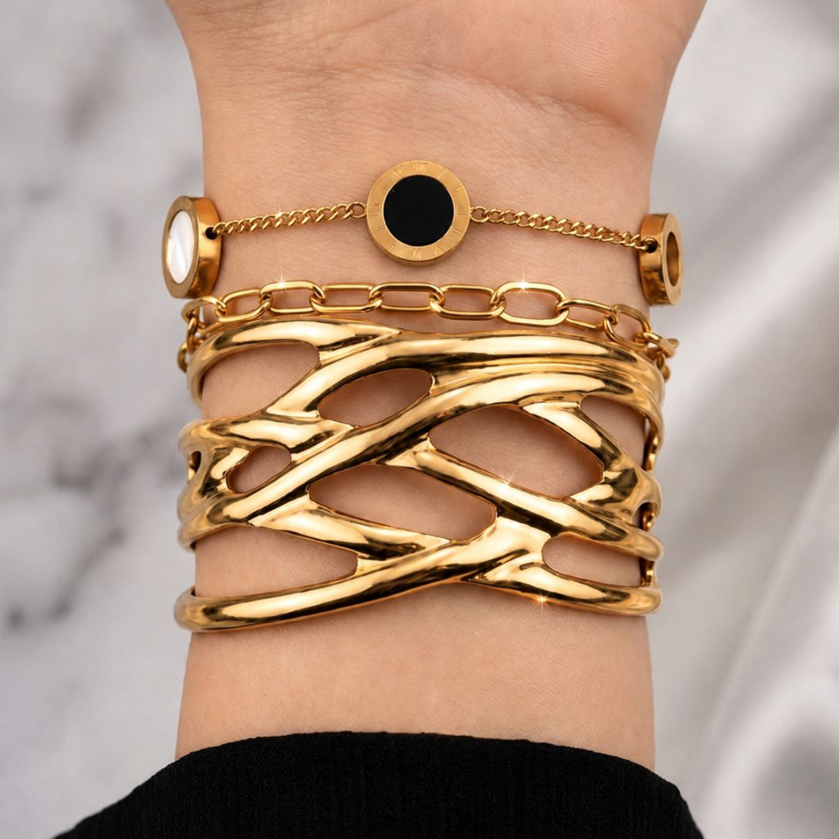 Gold-Tone Layered Bracelet Set with Sculptural Cuff and Roman Numeral Coin Charms
