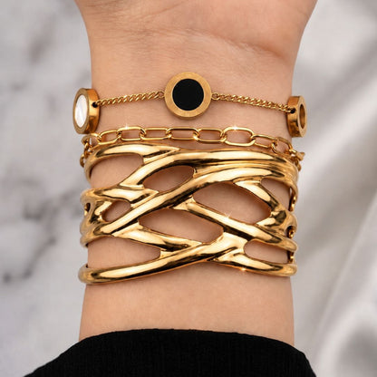 Gold-Tone Layered Bracelet Set with Sculptural Cuff and Roman Numeral Coin Charms