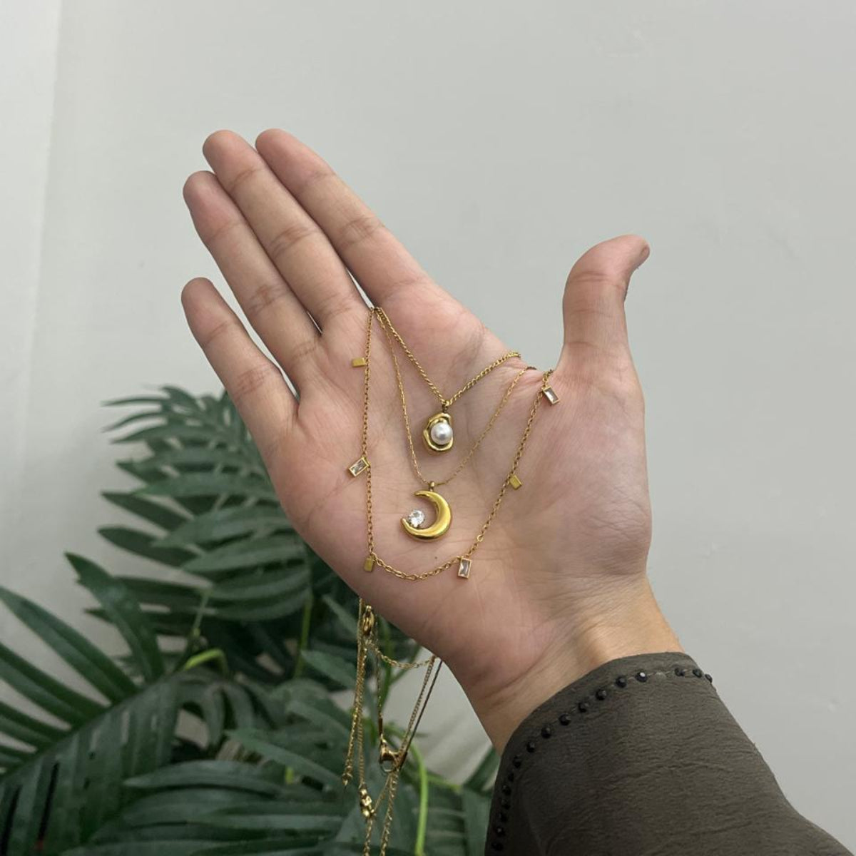 JASSA Gold Necklace Collection – Organic Pearl, Baguette Station & Crescent Moon