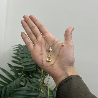JASSA Gold Necklace Collection – Organic Pearl, Baguette Station & Crescent Moon