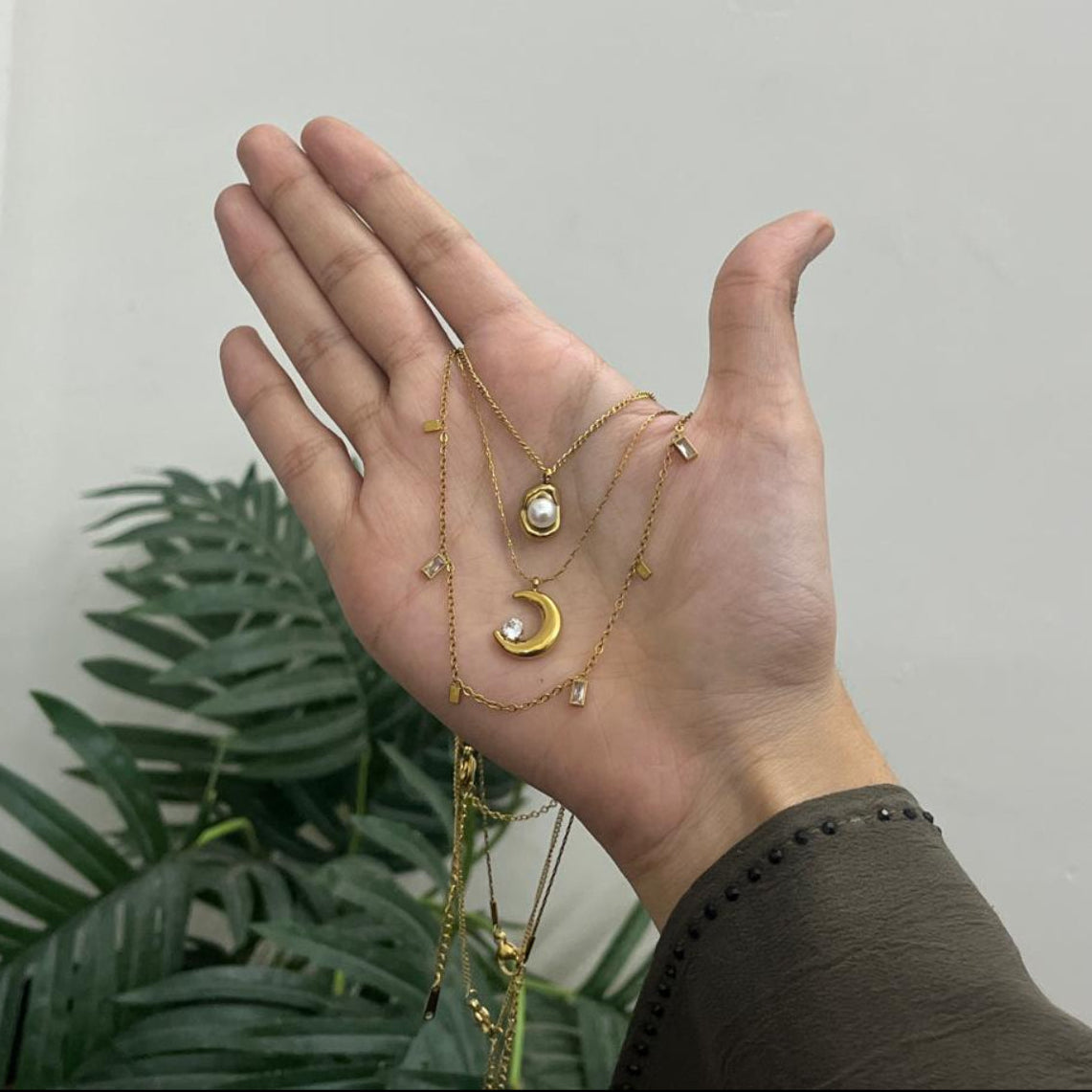 JASSA Gold Necklace Collection – Organic Pearl, Baguette Station & Crescent Moon