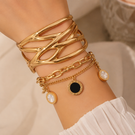 Gold-Tone Layered Bracelet Set with Sculptural Cuff and Roman Numeral Coin Charms