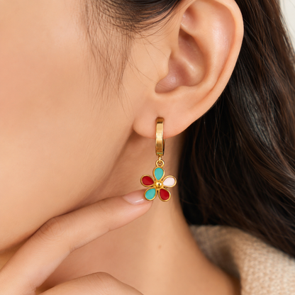 Stainless Steel Boho Enamel Earring Set – Evil Eye, Flower, & Clover Hoop Earring Combo