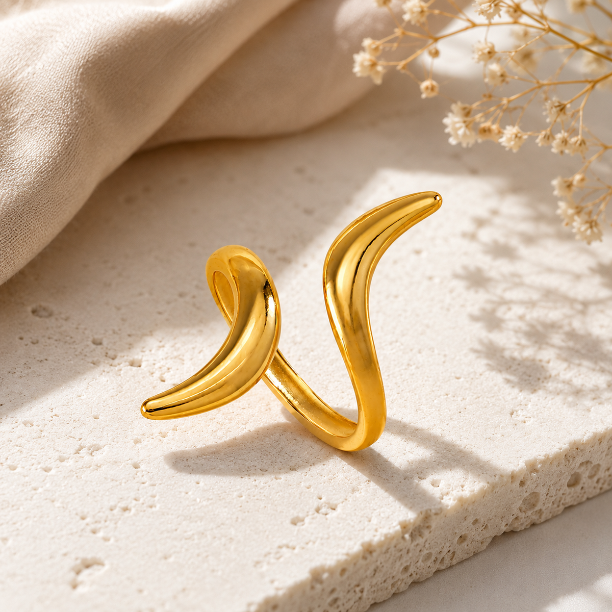 Adjustable Curved Gold Open Ring for Women