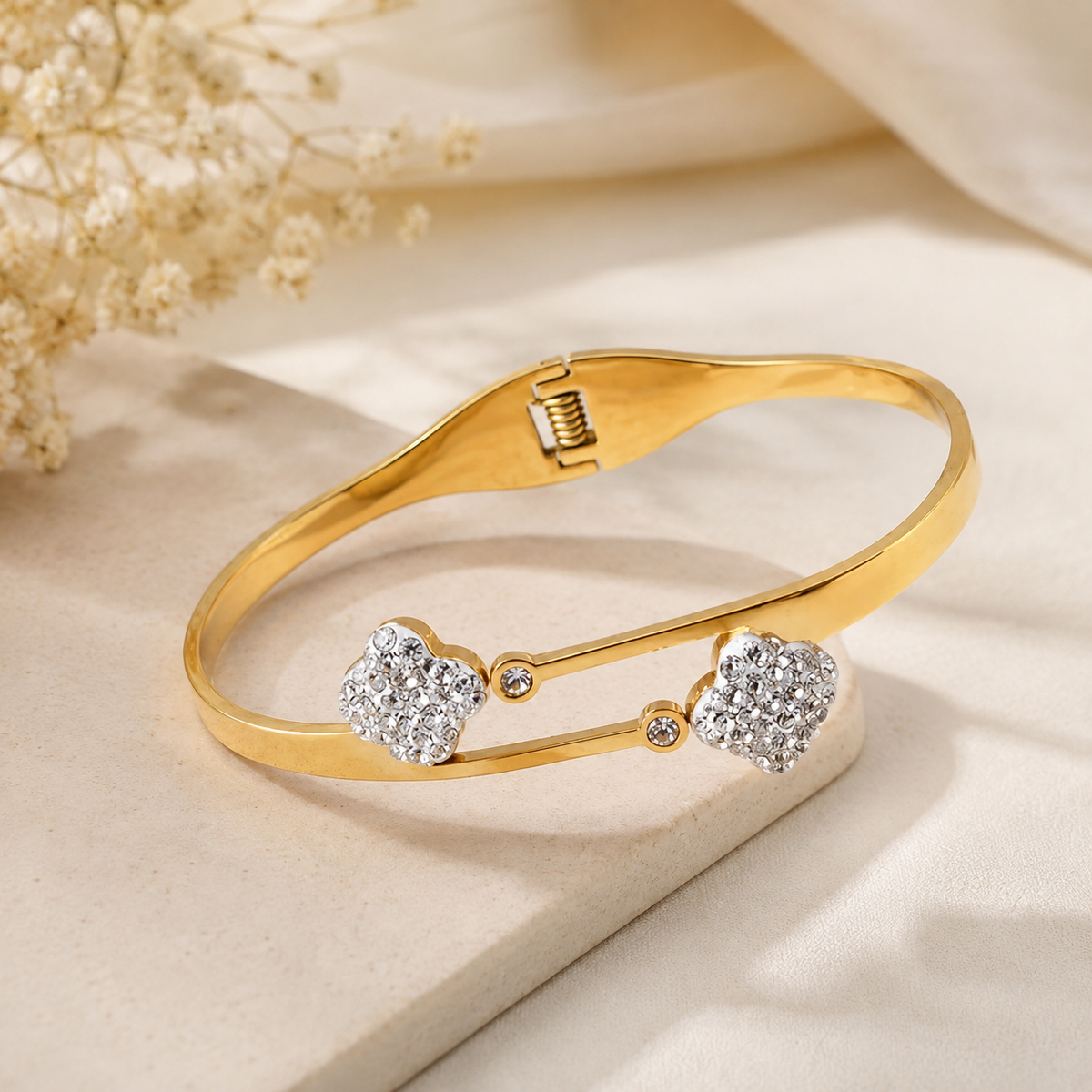 JASSA Gold Plated Heart Crystal Open Cuff Bracelet for Women