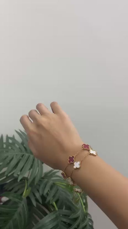 Dual-Layered Gold Plated Four-Leaf Clover Bracelet Combo Set (Red & White)